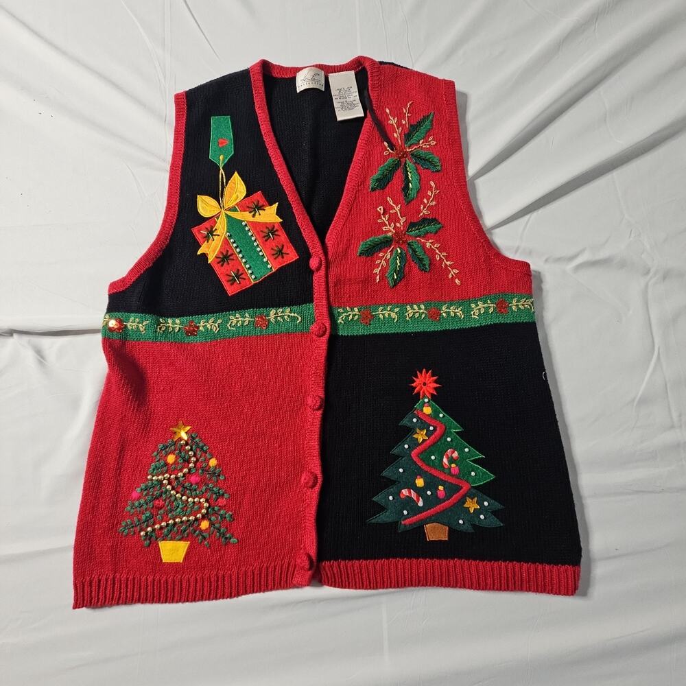 Vintage Kathie Lee Collection Christmas Sweater Vest L XL Red Black Embroidered
